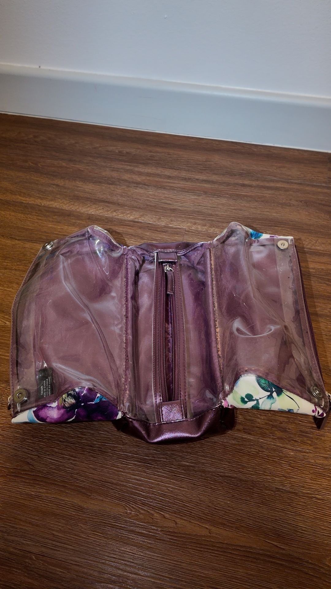 Tahari Floral & Metallic Purple Tri-Fold Travel Makeup Bag / Cosmetic Organizer 2