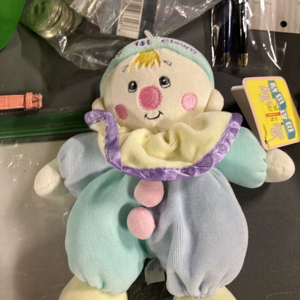 Vintage Snuggie Toy My 1st Clown Plush Pastel Velour Rattle Baby Toy