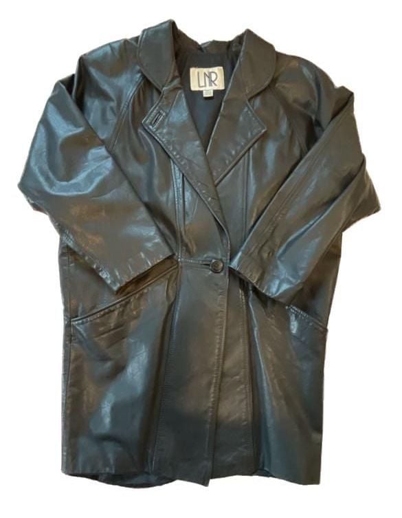 Vintage 90s LNR Black Genuine Leather Single-Button Long Coat Jacket 2