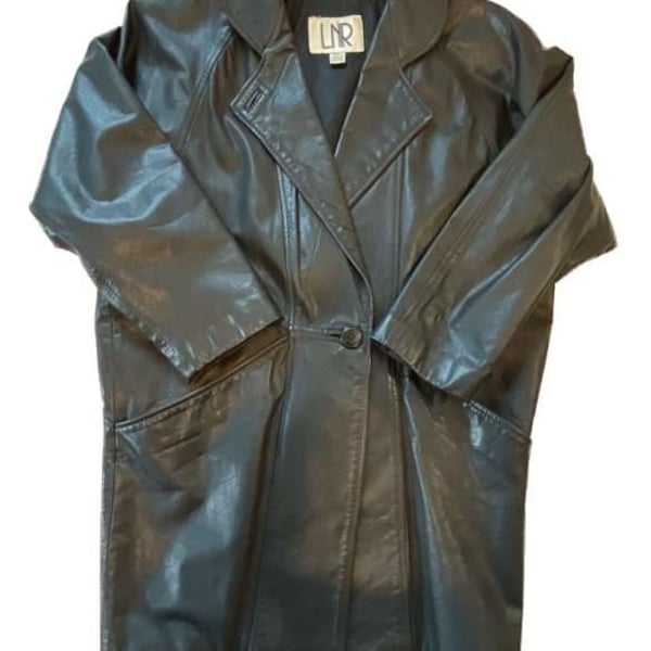 Vintage 90s LNR Black Genuine Leather Single-Button Long Coat Jacket