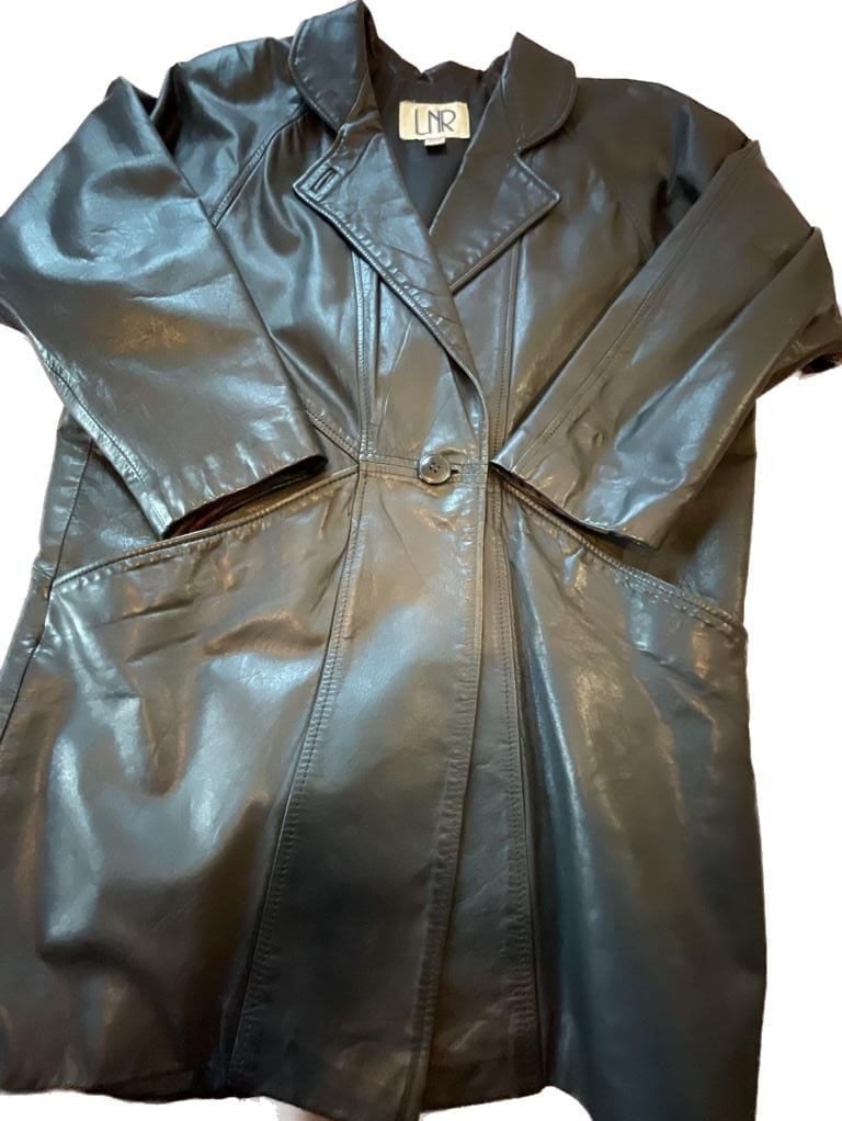 Vintage 90s LNR Black Genuine Leather Single-Button Long Coat Jacket 4
