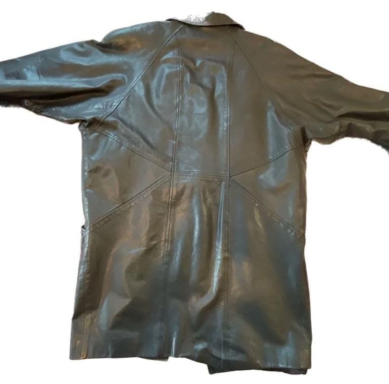 Vintage 90s LNR Black Genuine Leather Single-Button Long Coat Jacket 8