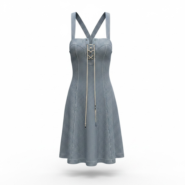 Ralph Lauren La Rochelle Blue and White Striped Cotton Dress