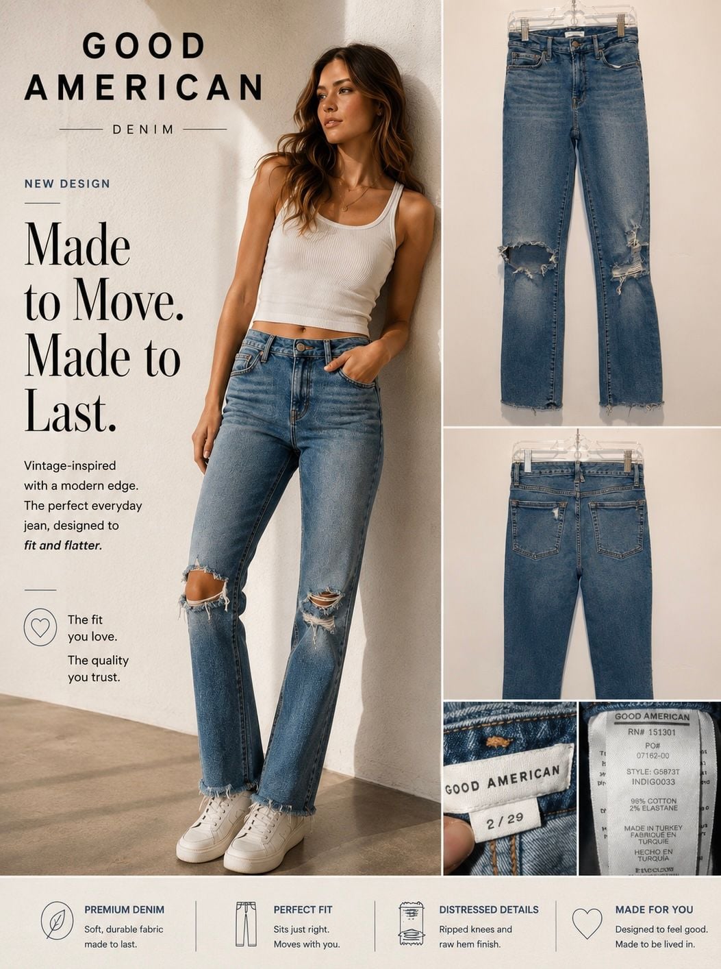 Good American High-Rise Distressed Raw Hem Straight Leg Jeans Style GS873T 2