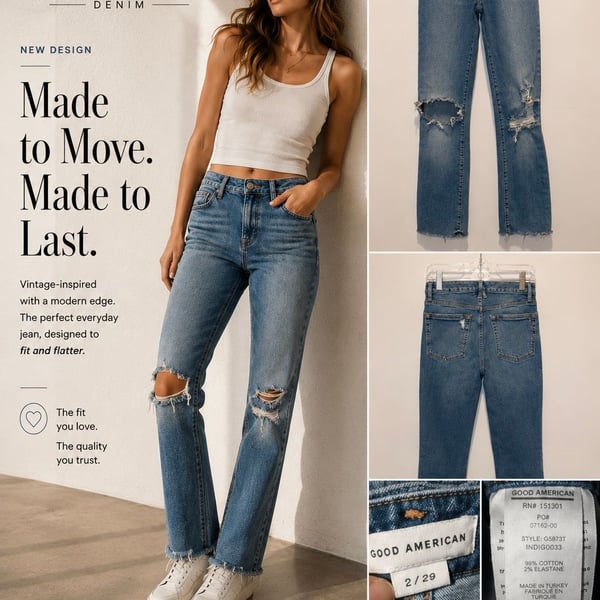 Good American High-Rise Distressed Raw Hem Straight Leg Jeans Style GS873T