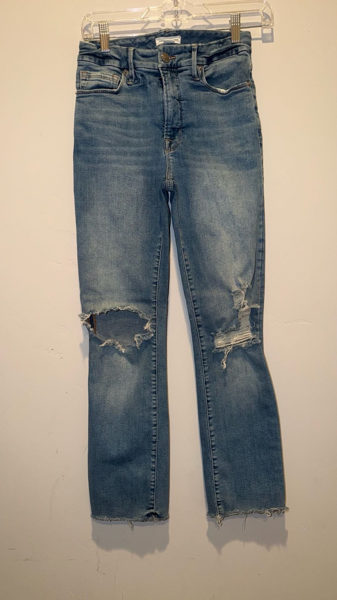 Good American High-Rise Distressed Raw Hem Straight Leg Jeans Style GS873T 3