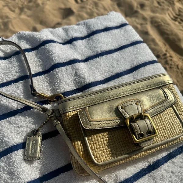 Coach Legacy Woven Straw and Metallic Leather Wristlet