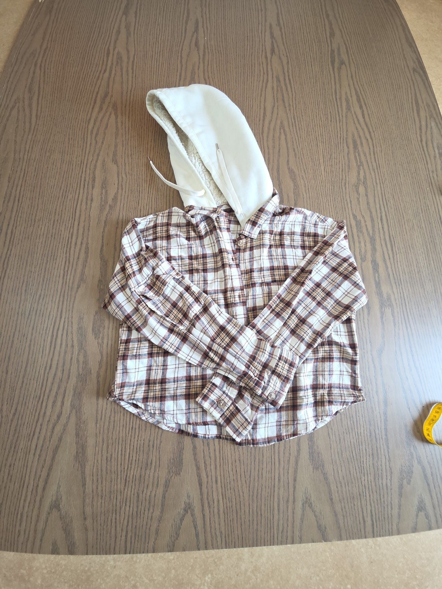 derek heart Women's Brown and White Plaid Sherpa Lined Hooded Flannel Shirt Jacket 2