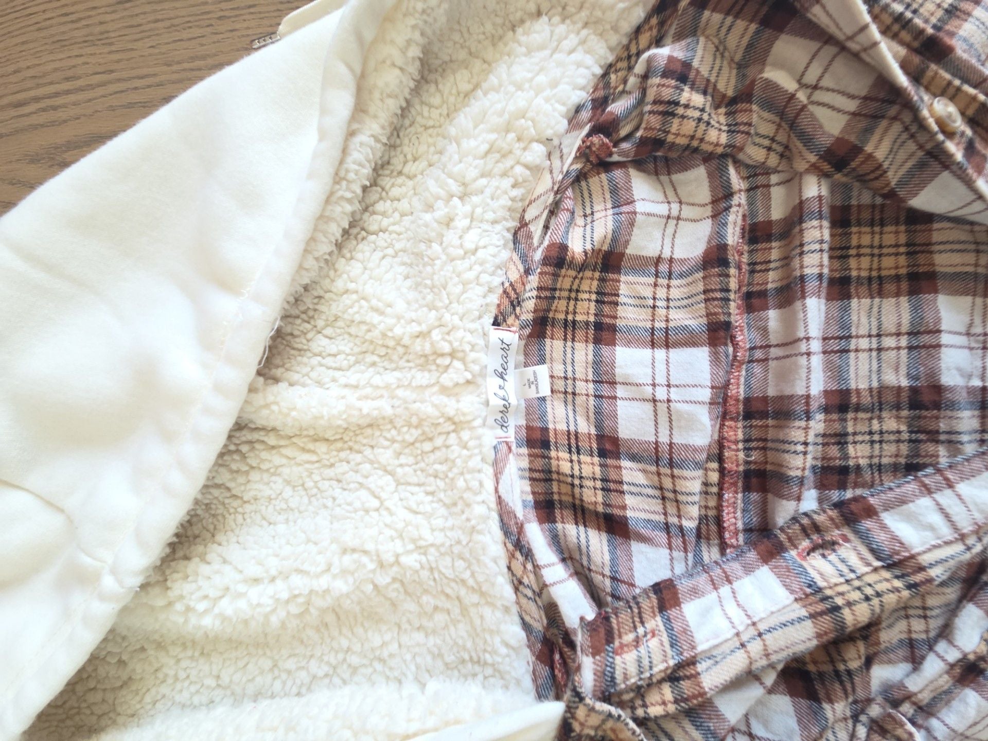 derek heart Women's Brown and White Plaid Sherpa Lined Hooded Flannel Shirt Jacket 5