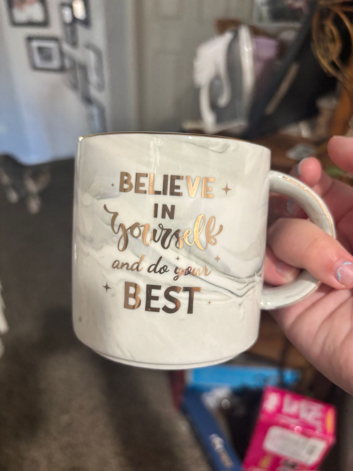 Believe in Yourself and Do Your Best Gold Foil Script Marble Ceramic Coffee Mug 1