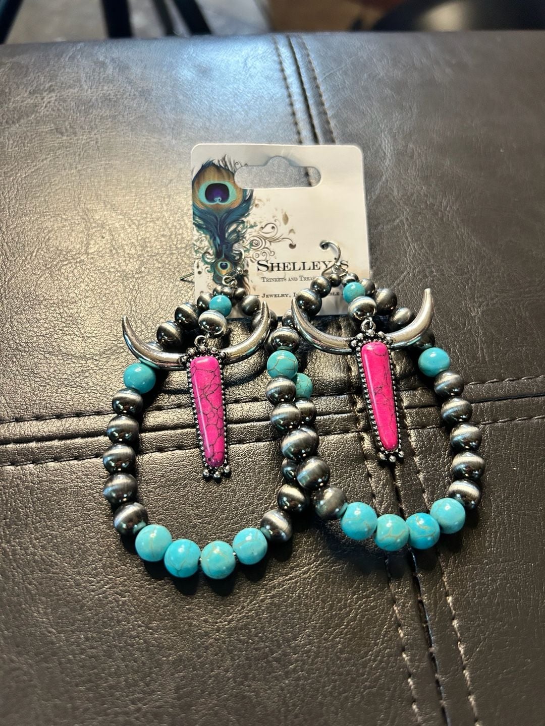 Shelley's Trinkets and Treasures Western Steer Skull Dangle Earrings with Pink Stone and Turquoise Beading 1