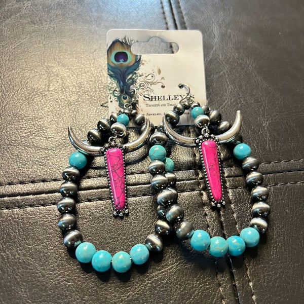 Shelley's Trinkets and Treasures Western Steer Skull Dangle Earrings with Pink Stone and Turquoise Beading