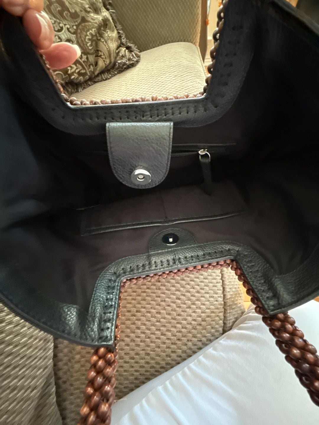 J.Jill Black Pebbled Faux Leather Tote Bag with Square Wood Beaded Handle 5