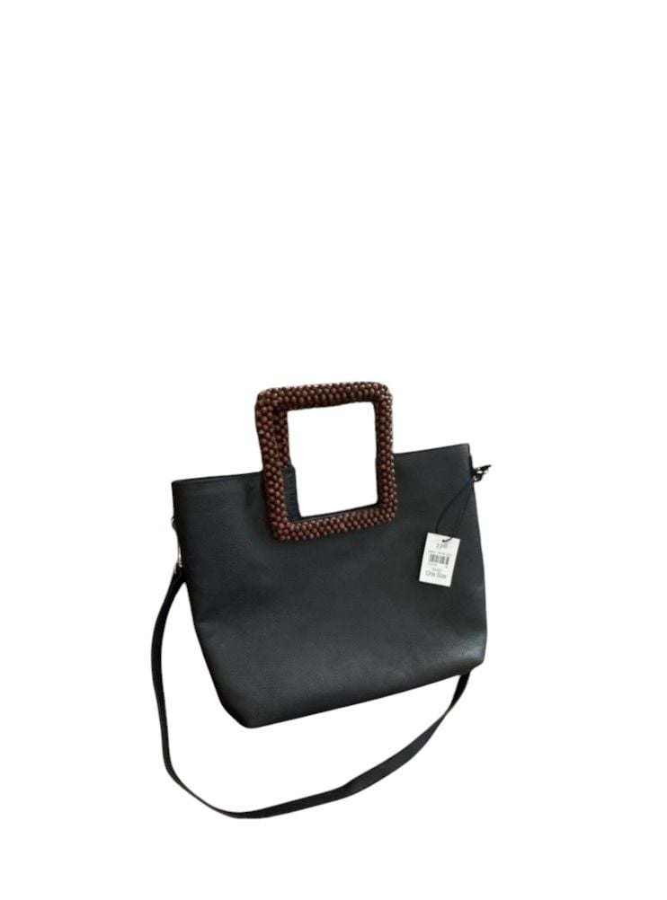 J.Jill Black Pebbled Faux Leather Tote Bag with Square Wood Beaded Handle 7