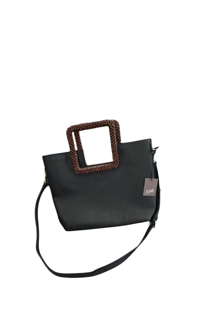 J.Jill Black Pebbled Faux Leather Tote Bag with Square Wood Beaded Handle 8