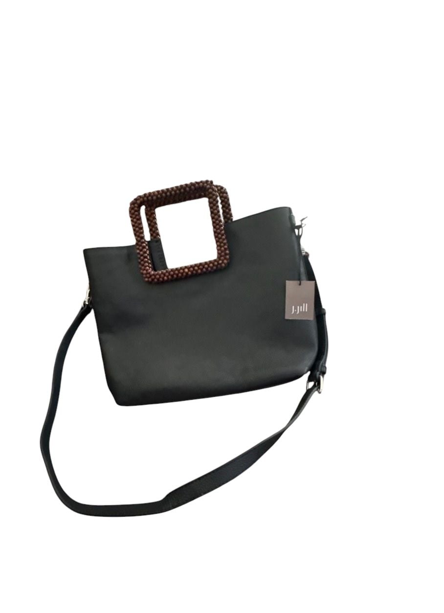 J.Jill Black Pebbled Faux Leather Tote Bag with Square Wood Beaded Handle 9