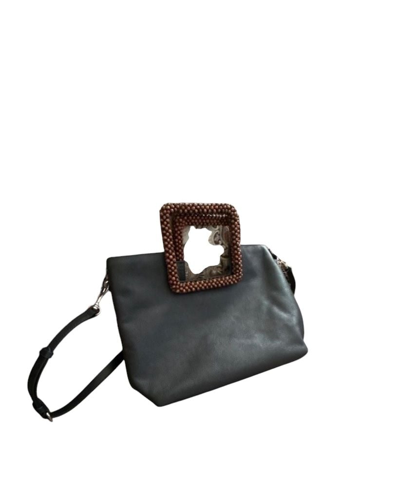 J.Jill Black Pebbled Faux Leather Tote Bag with Square Wood Beaded Handle 10