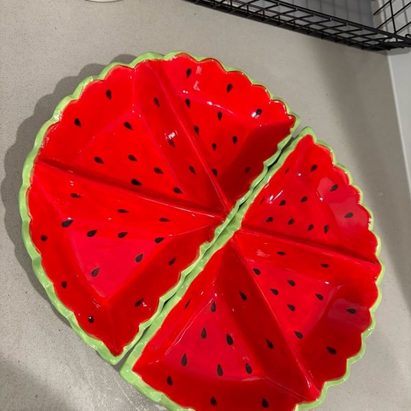 Watermelon Shaped 3-Section Ceramic Serving Trays (Set of 2)