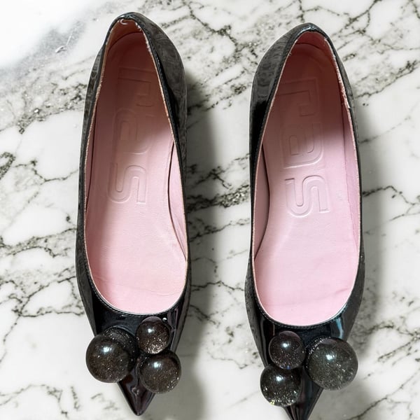 RAS Spain Black Patent Leather Pointed Toe Flats Glitter Ball Embellished Size 6 EU 36