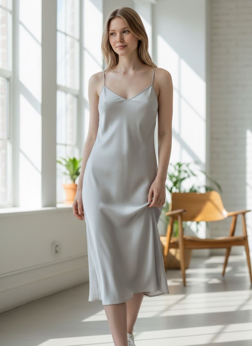 Unbranded Solid Satin Spaghetti Strap Midi Slip Dress 2