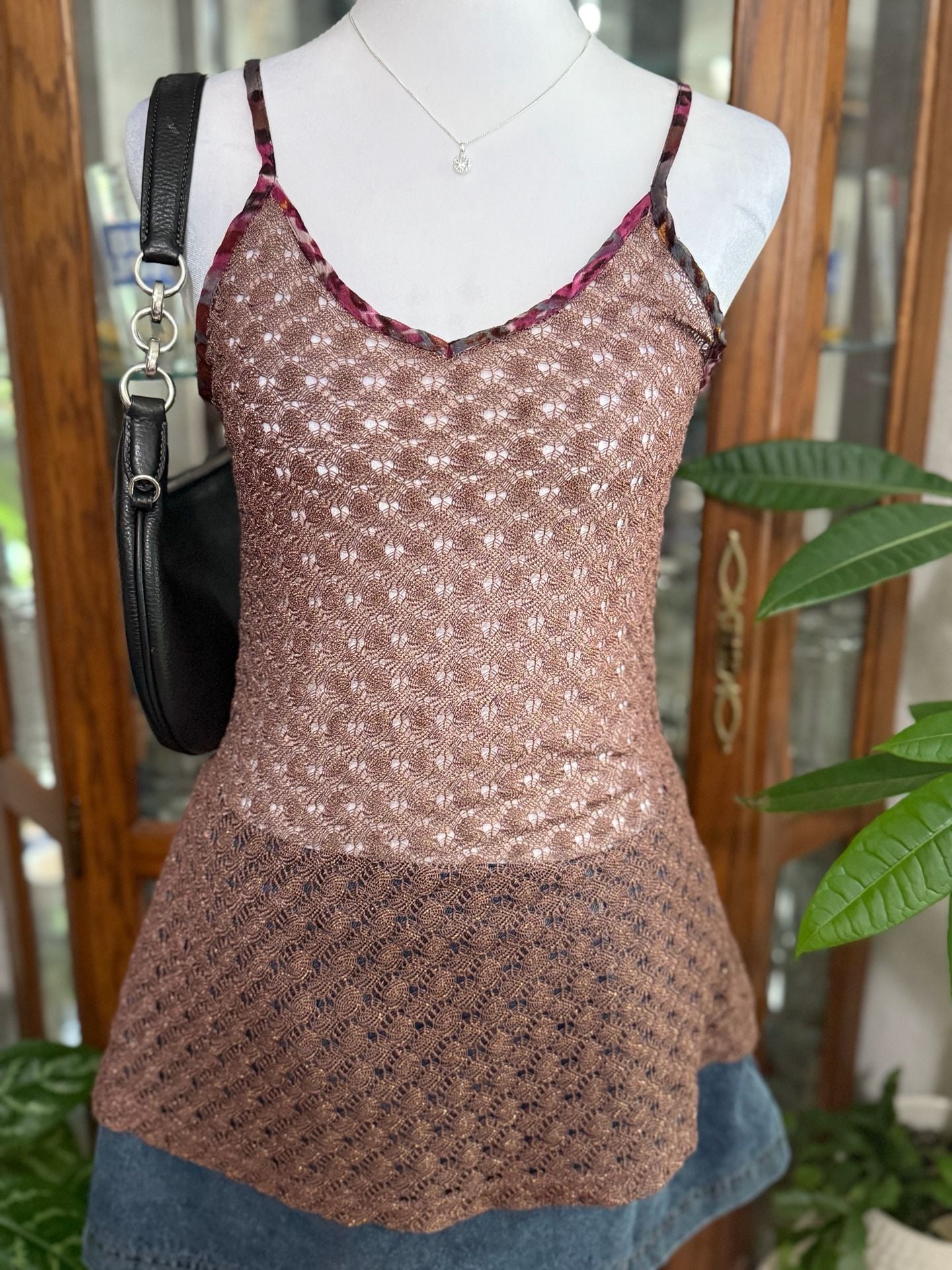 y2k inspired BKE Women's Brown Shimmer Metallic Crochet Knit Tank Top 1