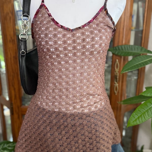 y2k inspired BKE Women's Brown Shimmer Metallic Crochet Knit Tank Top