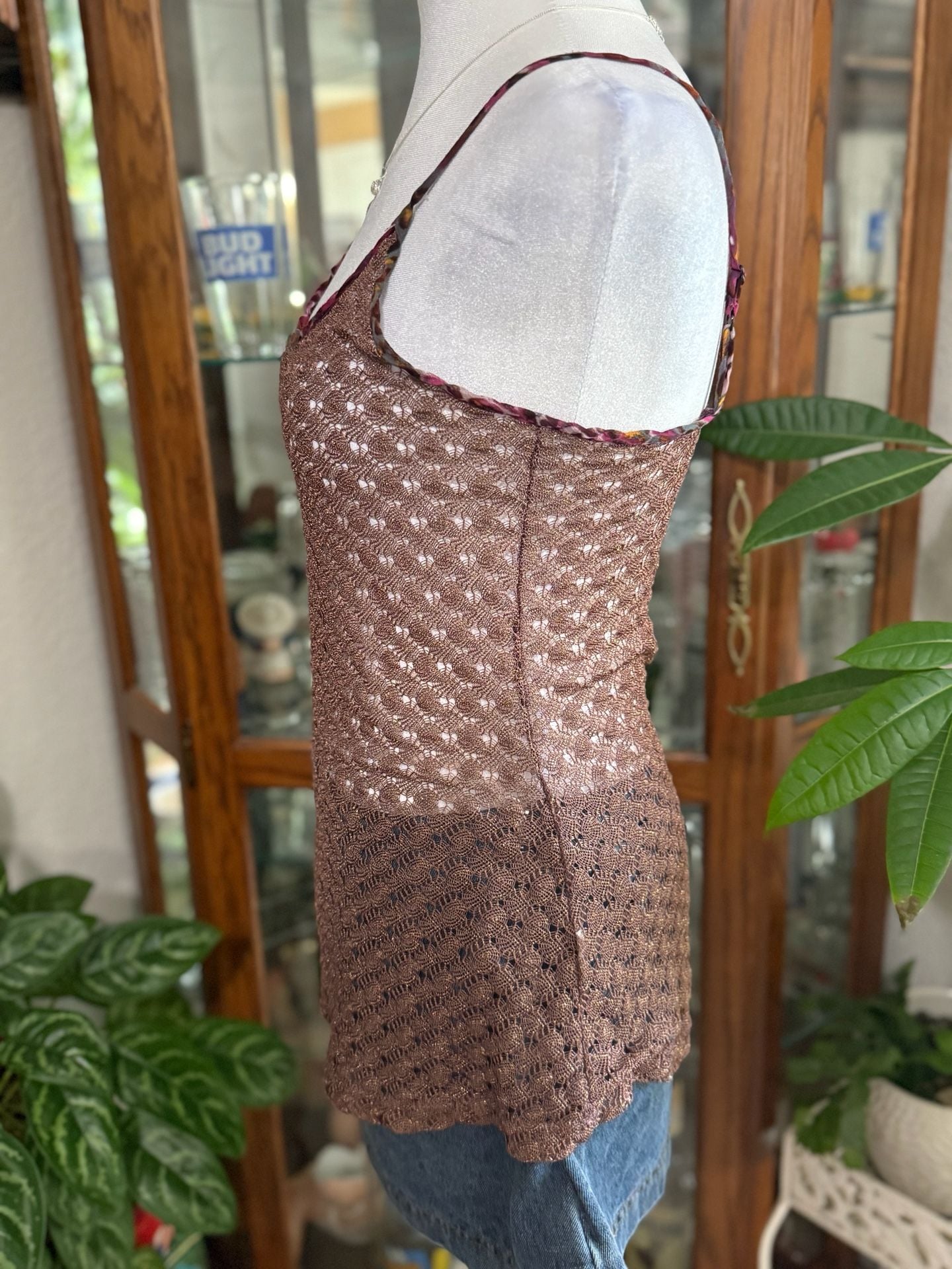 y2k inspired BKE Women's Brown Shimmer Metallic Crochet Knit Tank Top 2