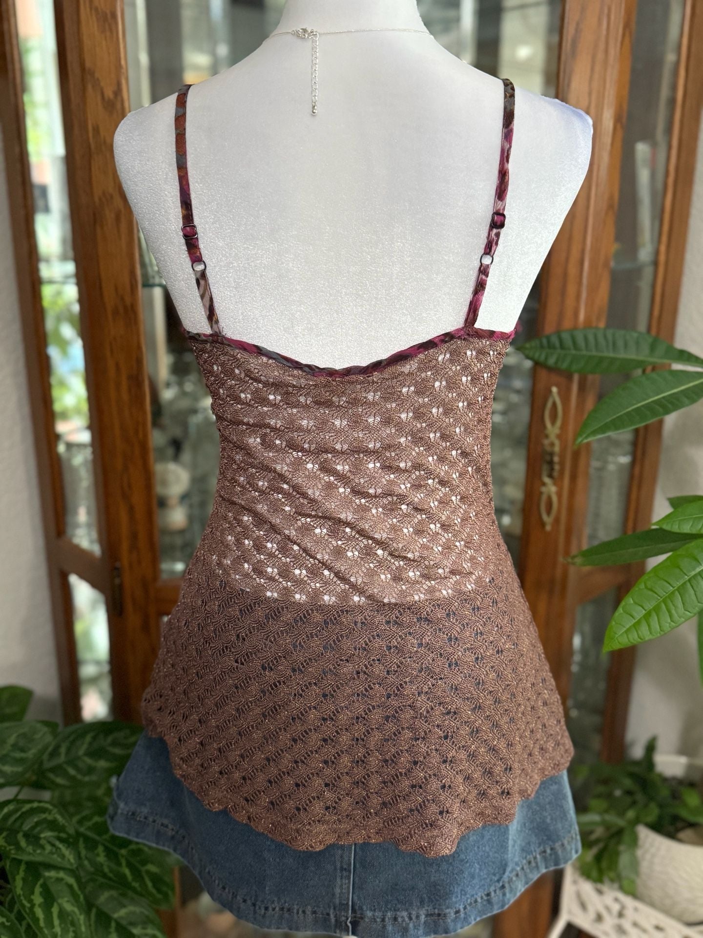 y2k inspired BKE Women's Brown Shimmer Metallic Crochet Knit Tank Top 3