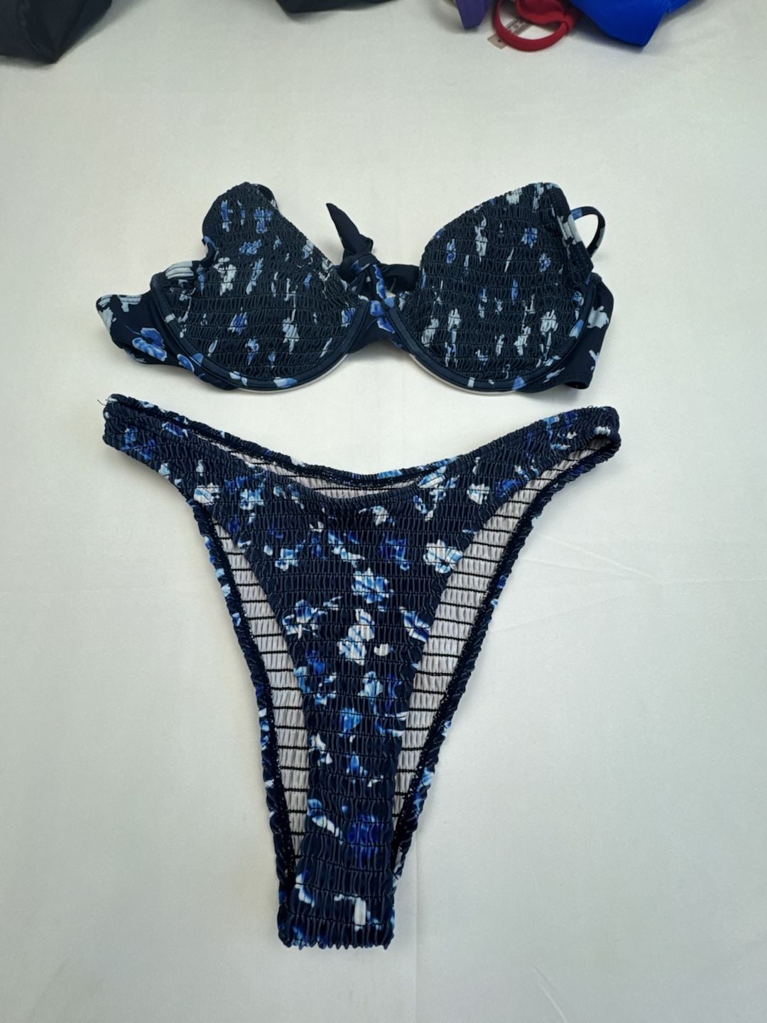 SHEIN Blue Floral Smocked Underwire Bikini Set 1