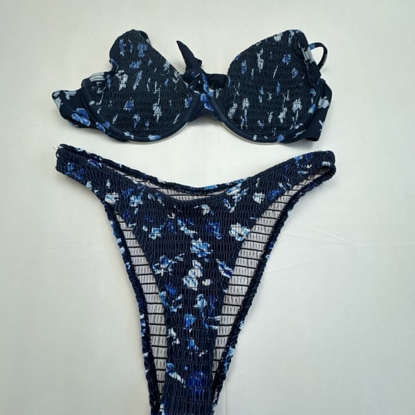 SHEIN Blue Floral Smocked Underwire Bikini Set