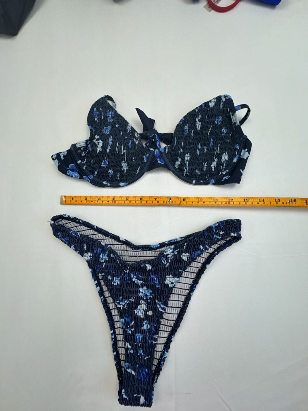 SHEIN Blue Floral Smocked Underwire Bikini Set 3