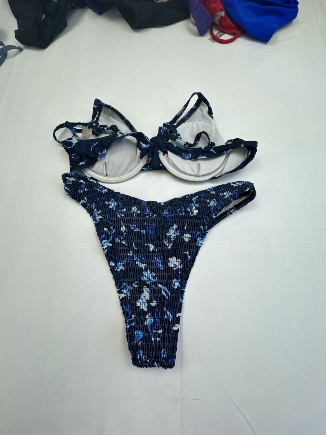 SHEIN Blue Floral Smocked Underwire Bikini Set 4
