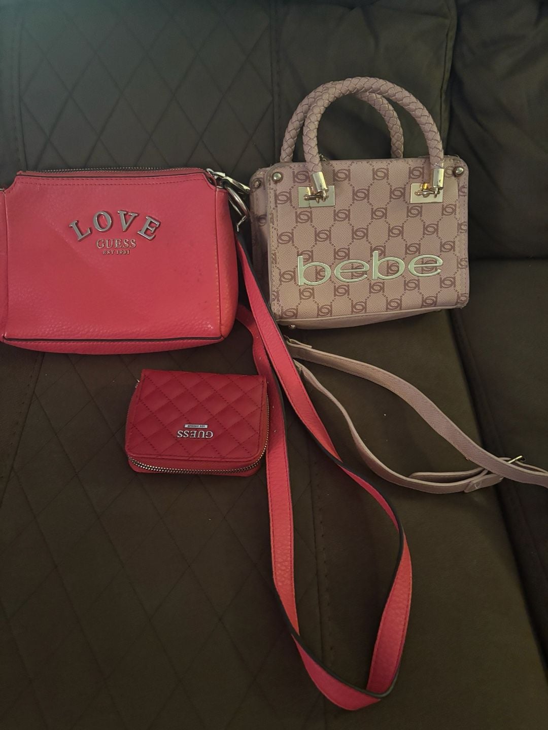 Purse Bundle Red Guess crossbody purse
Pink Bebe mini handbag with shoulder strap Matching red Guess wallet 1
