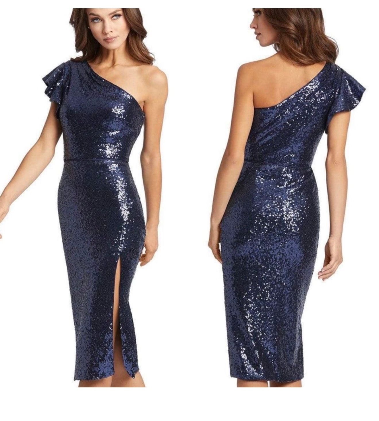 Mac Duggal Midnight Sequin One-Shoulder Ruffle Gown Size 6 Style code 70162 18