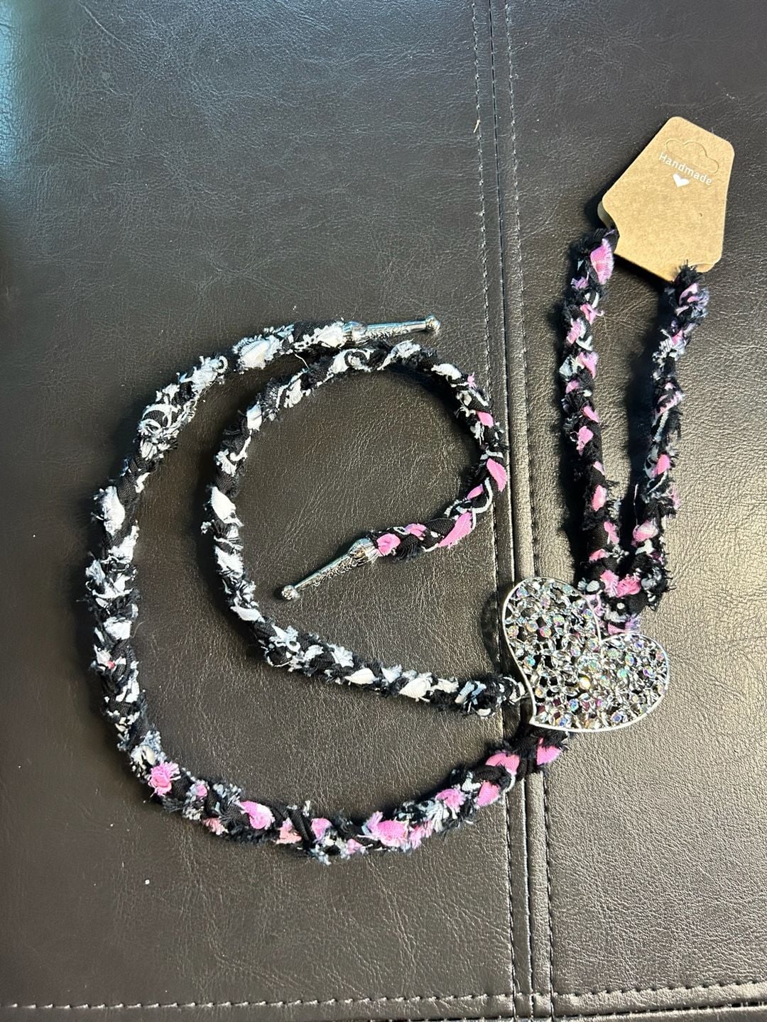 Handmade Rhinestone Heart Bolo Tie with Distressed Pink and Black Fabric Cord 1