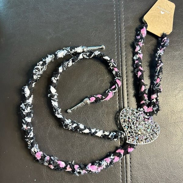 Handmade Rhinestone Heart Bolo Tie with Distressed Pink and Black Fabric Cord