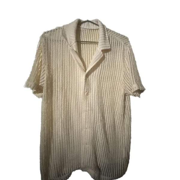 SHEIN Men's Cream Open-Knit Pointelle Camp Shirt and Shorts Set