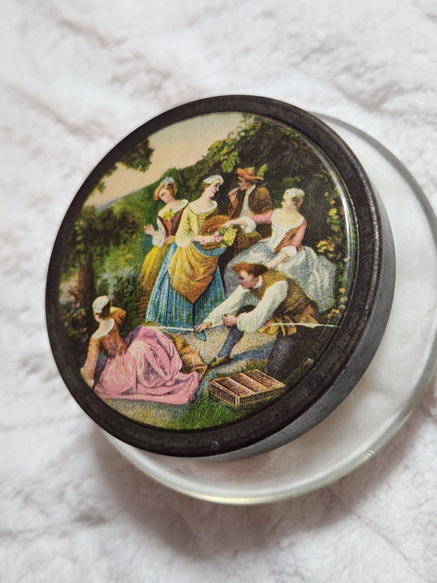 Vintage Glass Vanity Powder Jar with Romantic Courting Scene Metal Lid 1