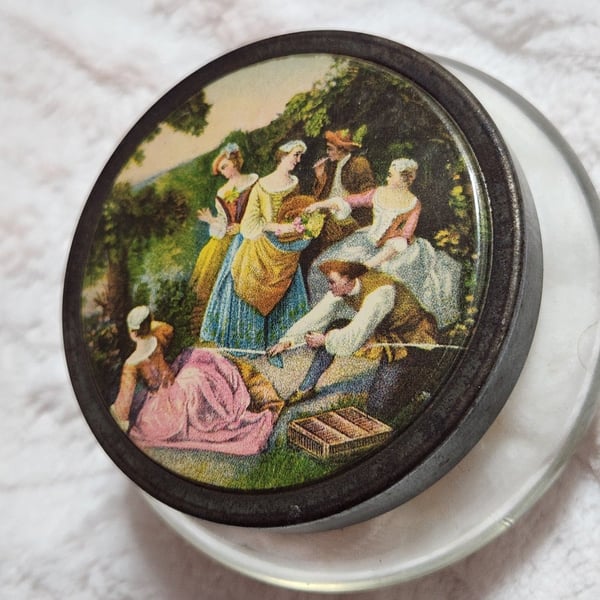 Vintage Glass Vanity Powder Jar with Romantic Courting Scene Metal Lid