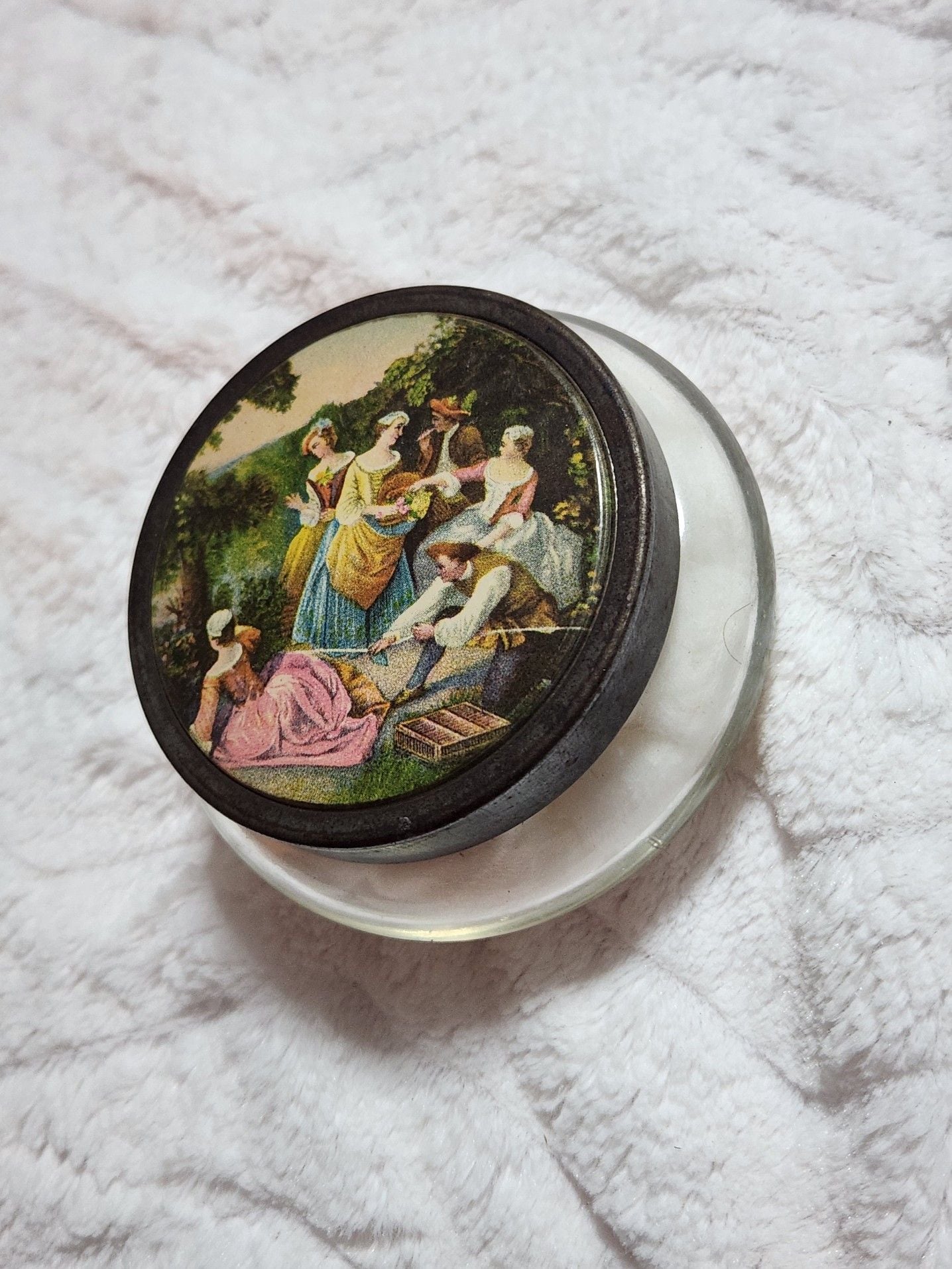 Vintage Glass Vanity Powder Jar with Romantic Courting Scene Metal Lid 2