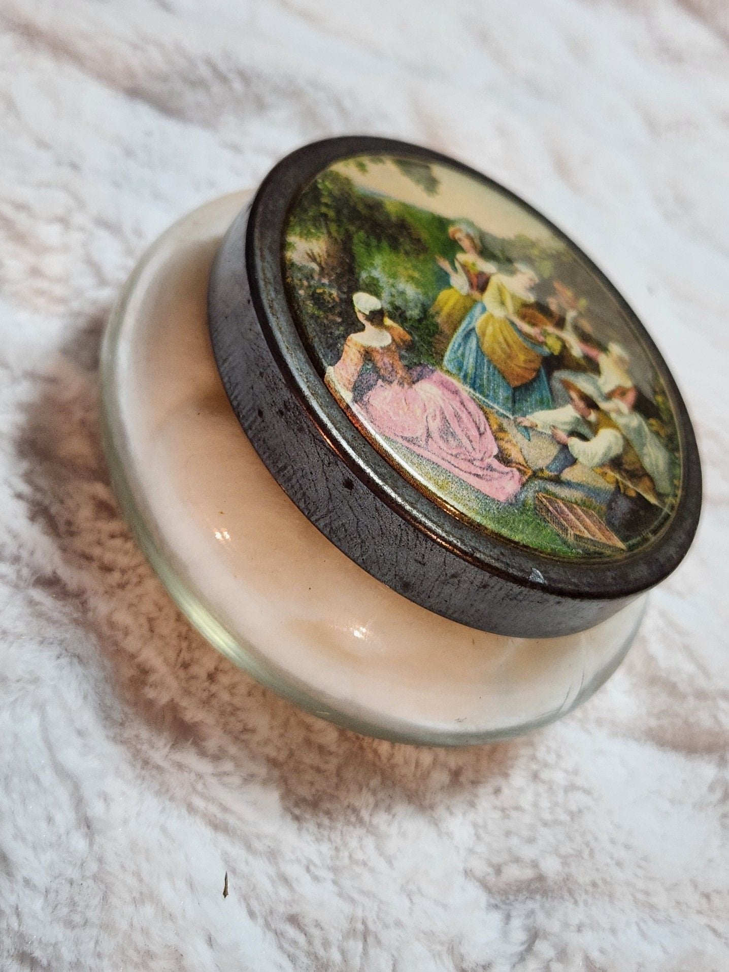 Vintage Glass Vanity Powder Jar with Romantic Courting Scene Metal Lid 3
