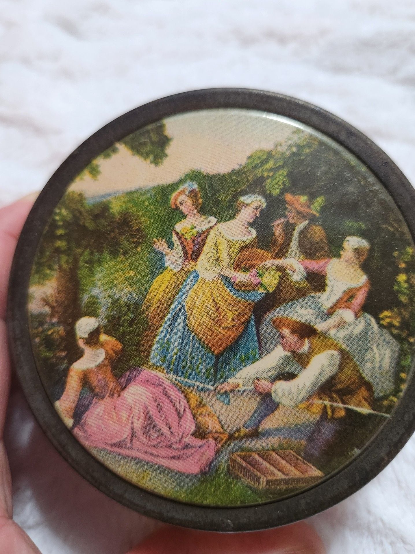 Vintage Glass Vanity Powder Jar with Romantic Courting Scene Metal Lid 4