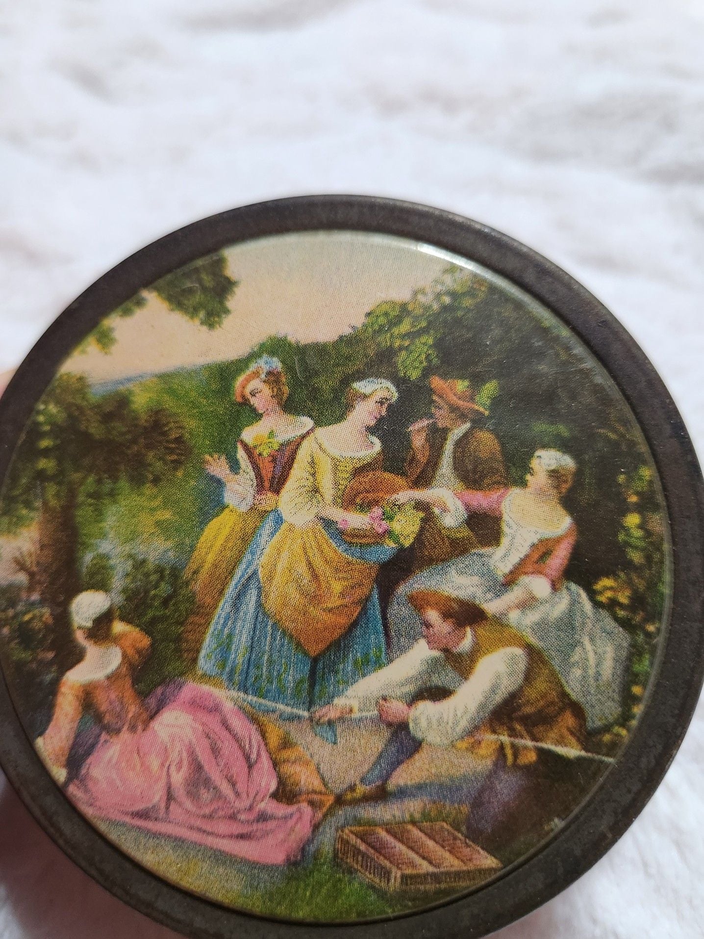 Vintage Glass Vanity Powder Jar with Romantic Courting Scene Metal Lid 5