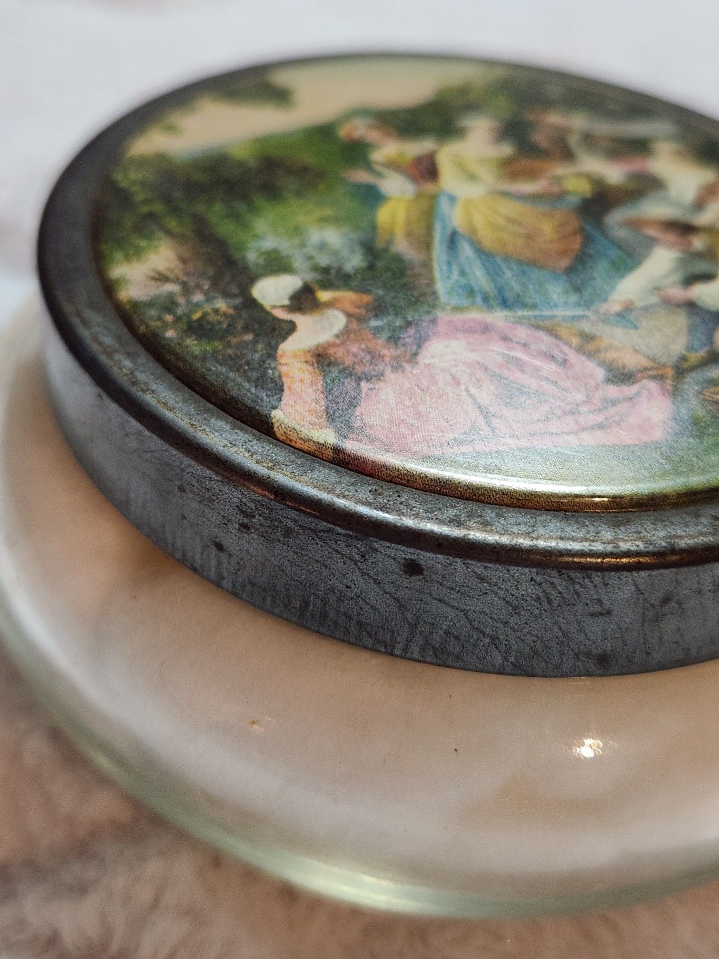 Vintage Glass Vanity Powder Jar with Romantic Courting Scene Metal Lid 6