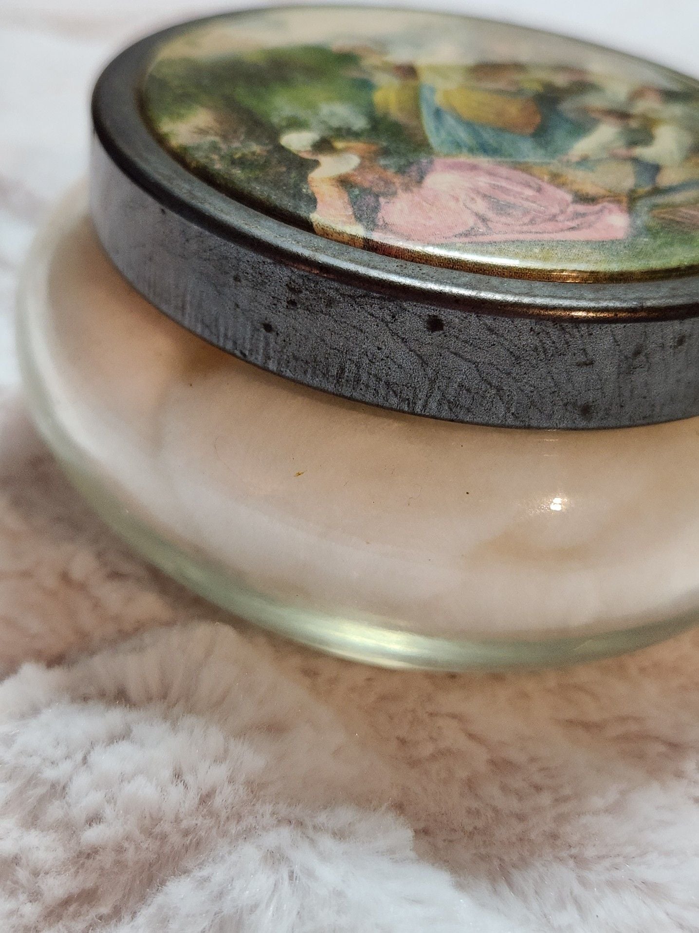 Vintage Glass Vanity Powder Jar with Romantic Courting Scene Metal Lid 7