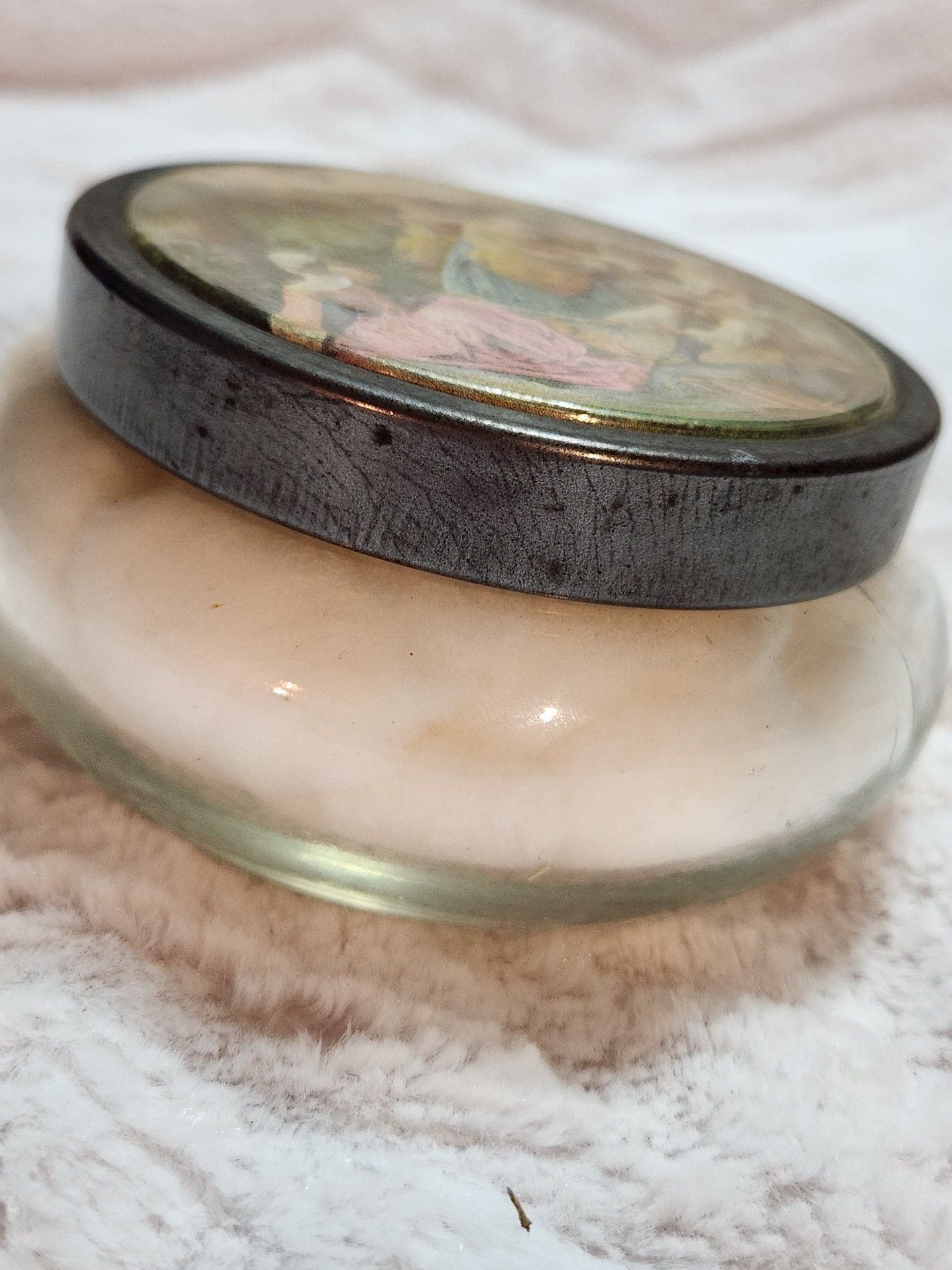 Vintage Glass Vanity Powder Jar with Romantic Courting Scene Metal Lid 8