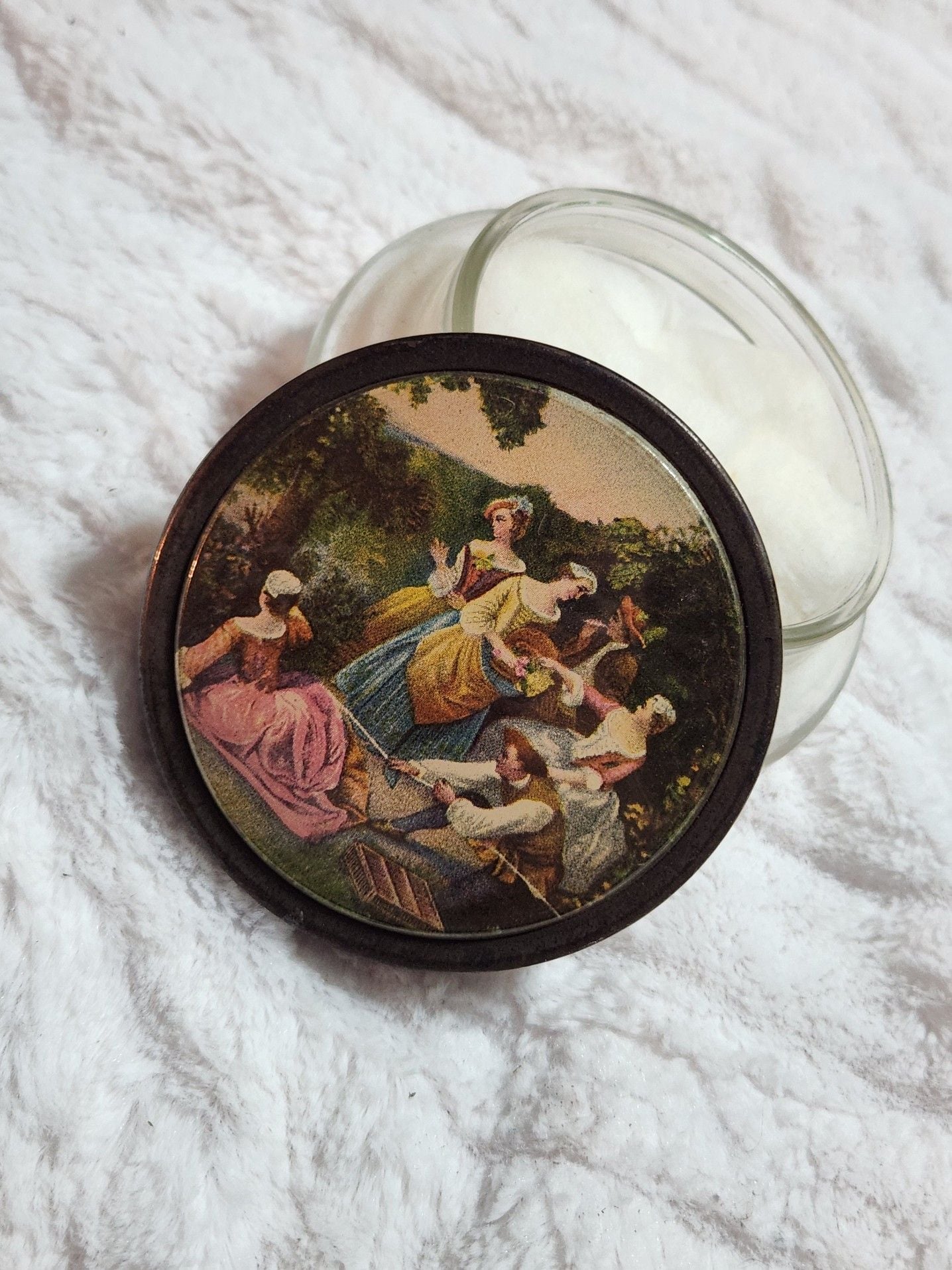 Vintage Glass Vanity Powder Jar with Romantic Courting Scene Metal Lid 9