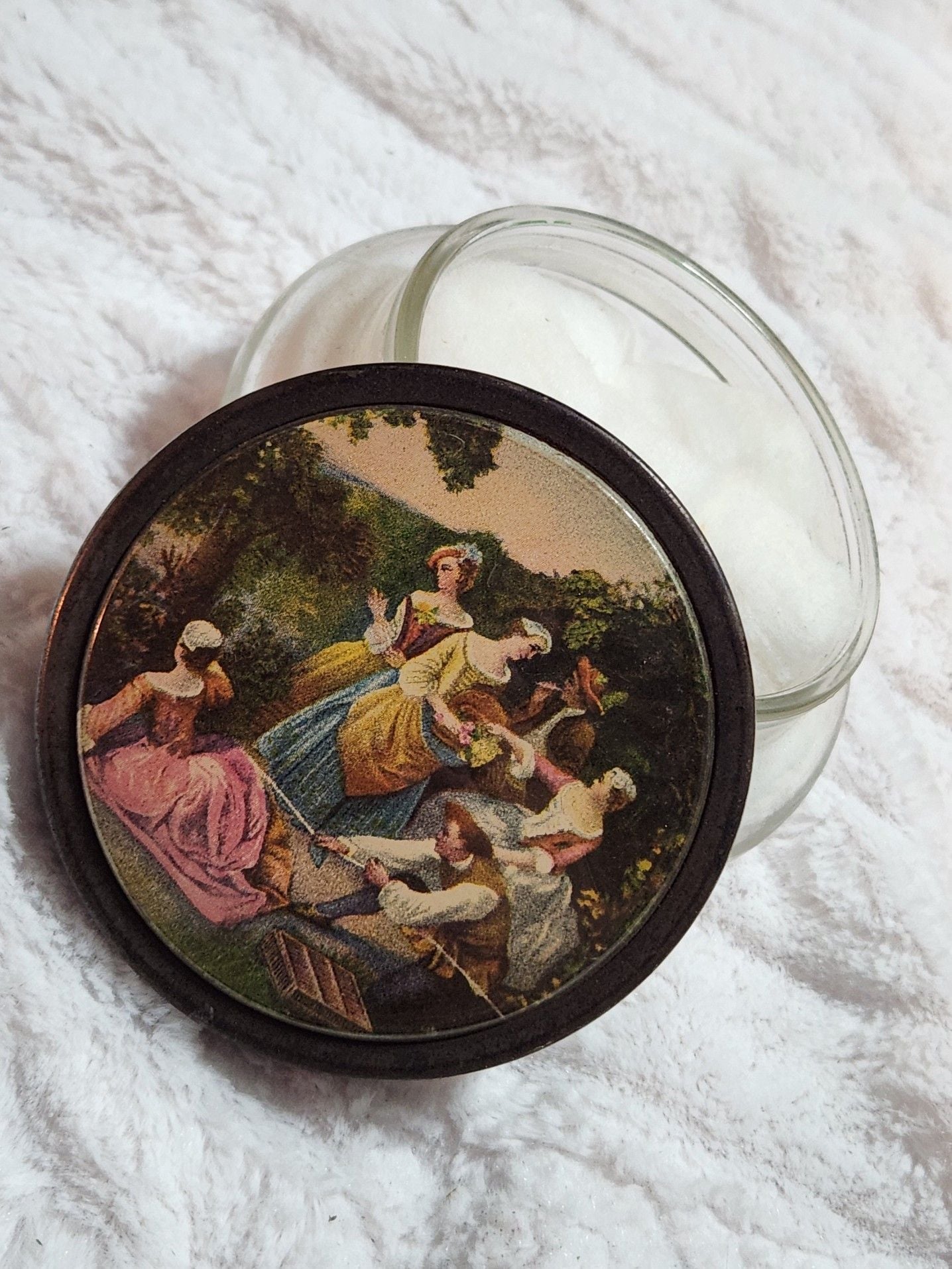 Vintage Glass Vanity Powder Jar with Romantic Courting Scene Metal Lid 10