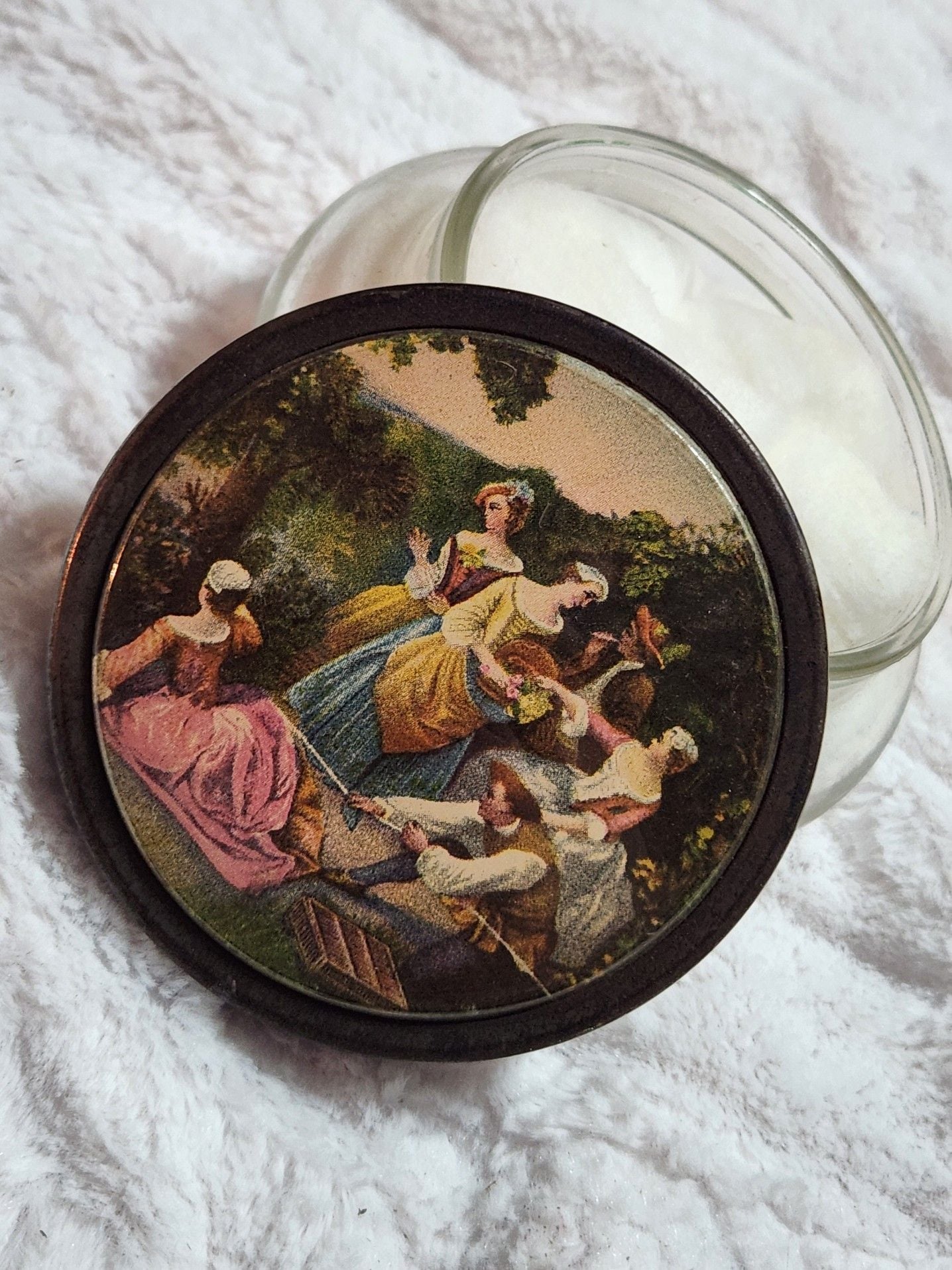Vintage Glass Vanity Powder Jar with Romantic Courting Scene Metal Lid 11