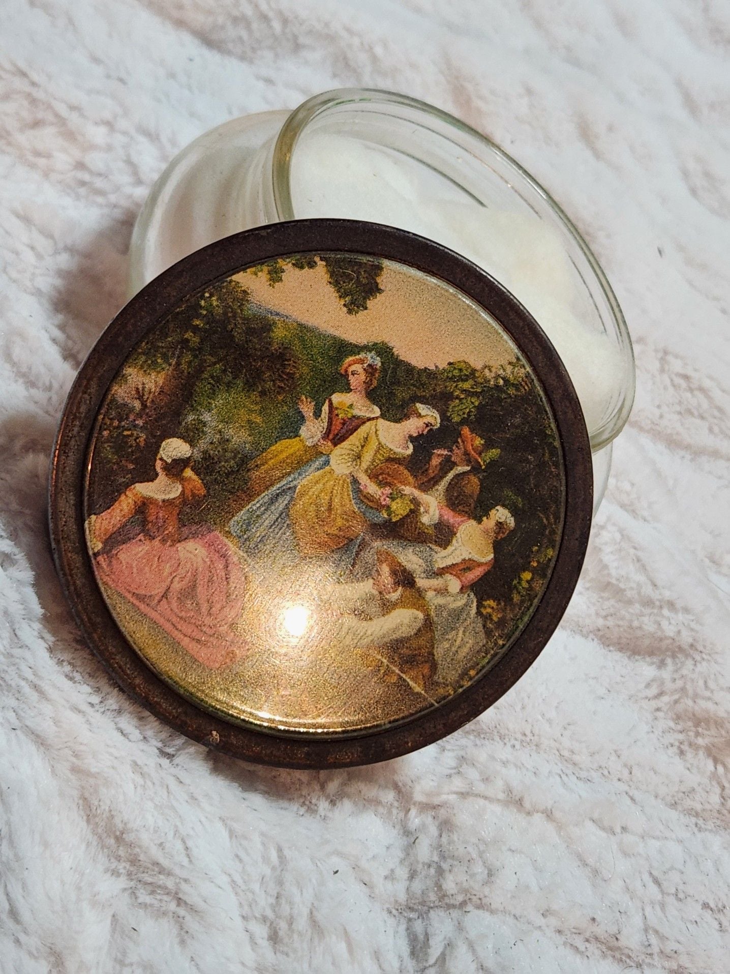 Vintage Glass Vanity Powder Jar with Romantic Courting Scene Metal Lid 12